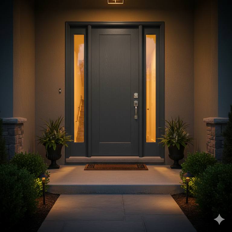 Elegant front door with sidelights and warm interior glow
